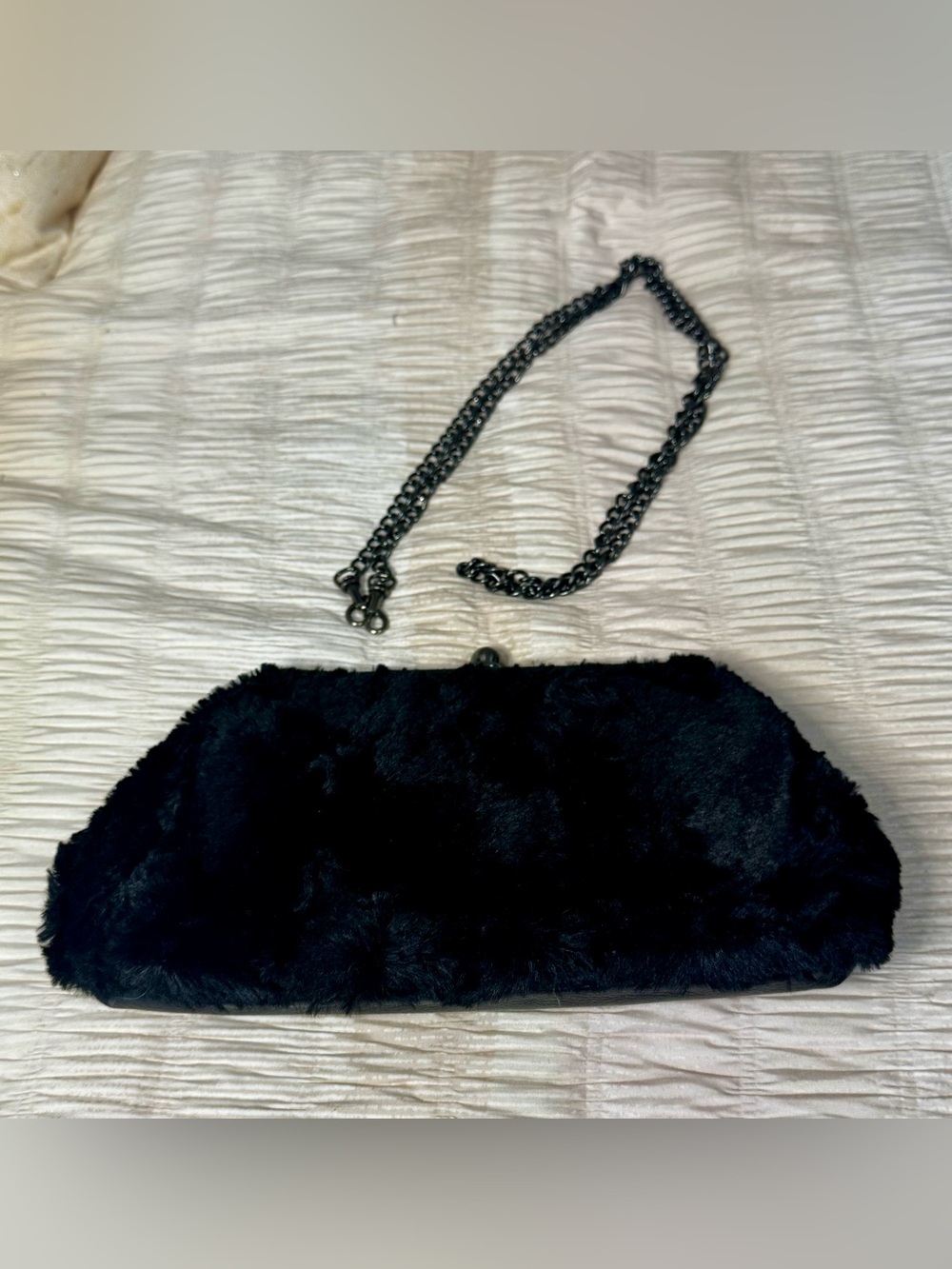 Patricia Nash Black Faux Fur and Leather Removable Chain-Handle Clutch